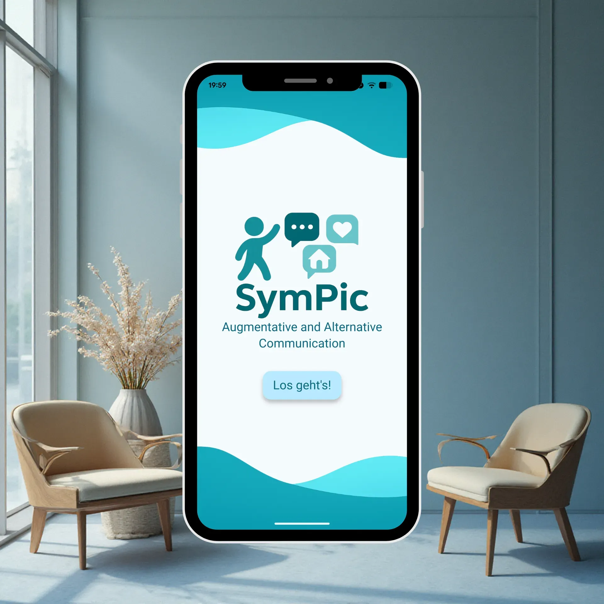 SymPik App Startbildschirm für Unterstützte Kommunikation (AAC) mit KI-gestützter Sprach- und Bildunterstützung