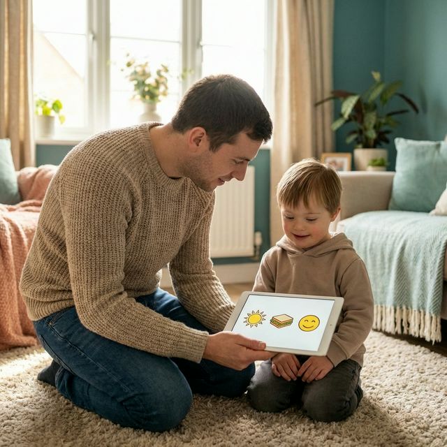 Vater zeigt seinem Kind Piktogramme auf einem Tablet für barrierefreie Kommunikation