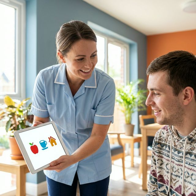 Fachperson zeigt einem Klienten Piktogramme auf einem Tablet – SymPik macht barrierefreie Kommunikation sofort möglich