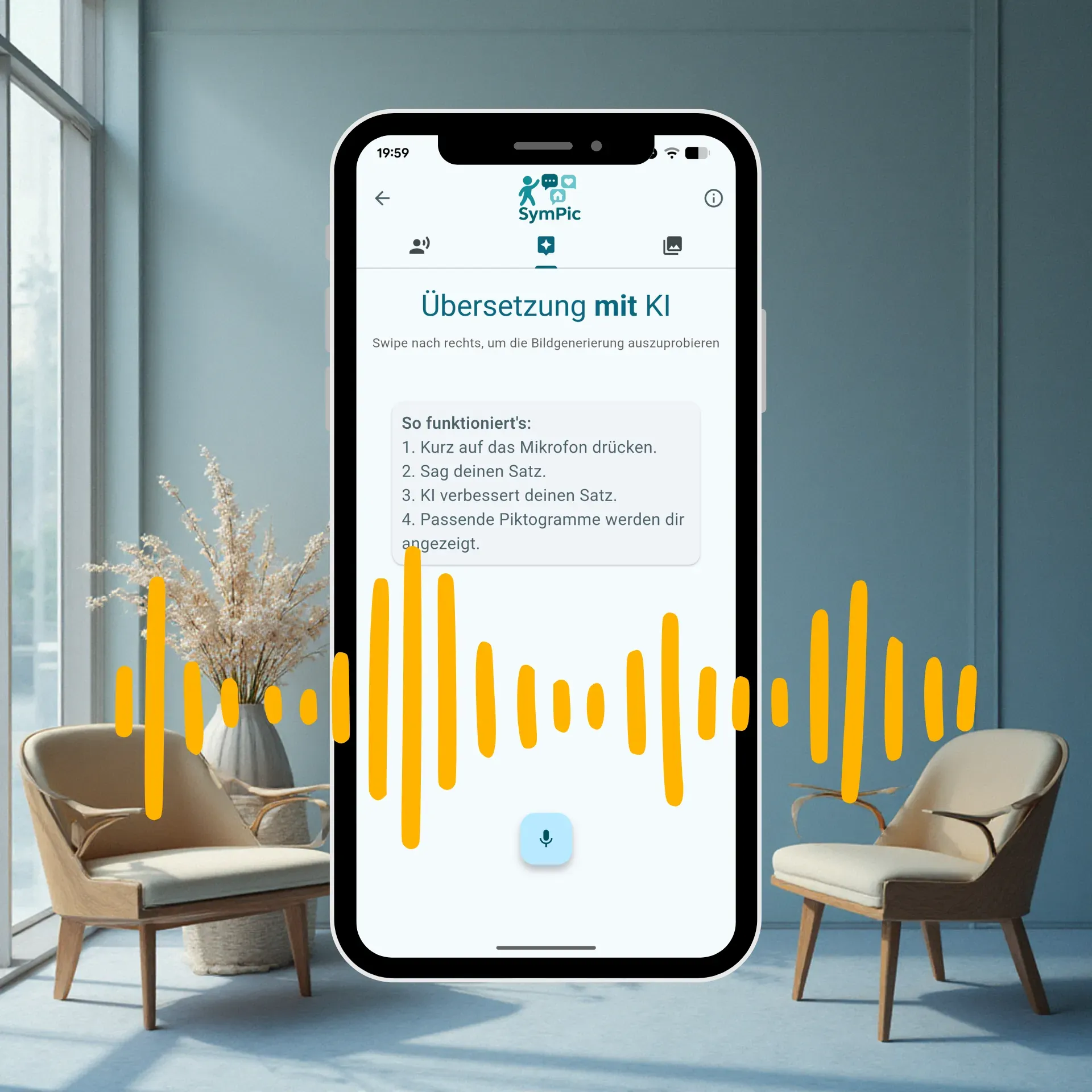 SymPik App Sprachsteuerung: KI-gestützte Sprachaufnahme zur Übersetzung gesprochener Sprache in Piktogramme