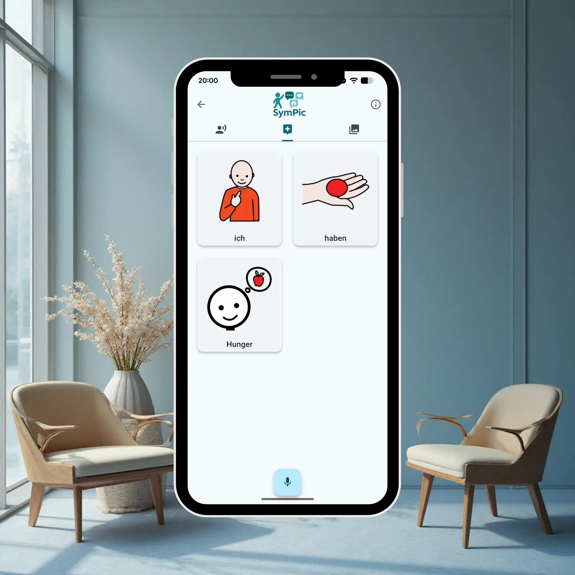 SymPik App zeigt Piktogramme für den Satz 'Ich habe Hunger' als Beispiel für Augmentative und Alternative Kommunikation